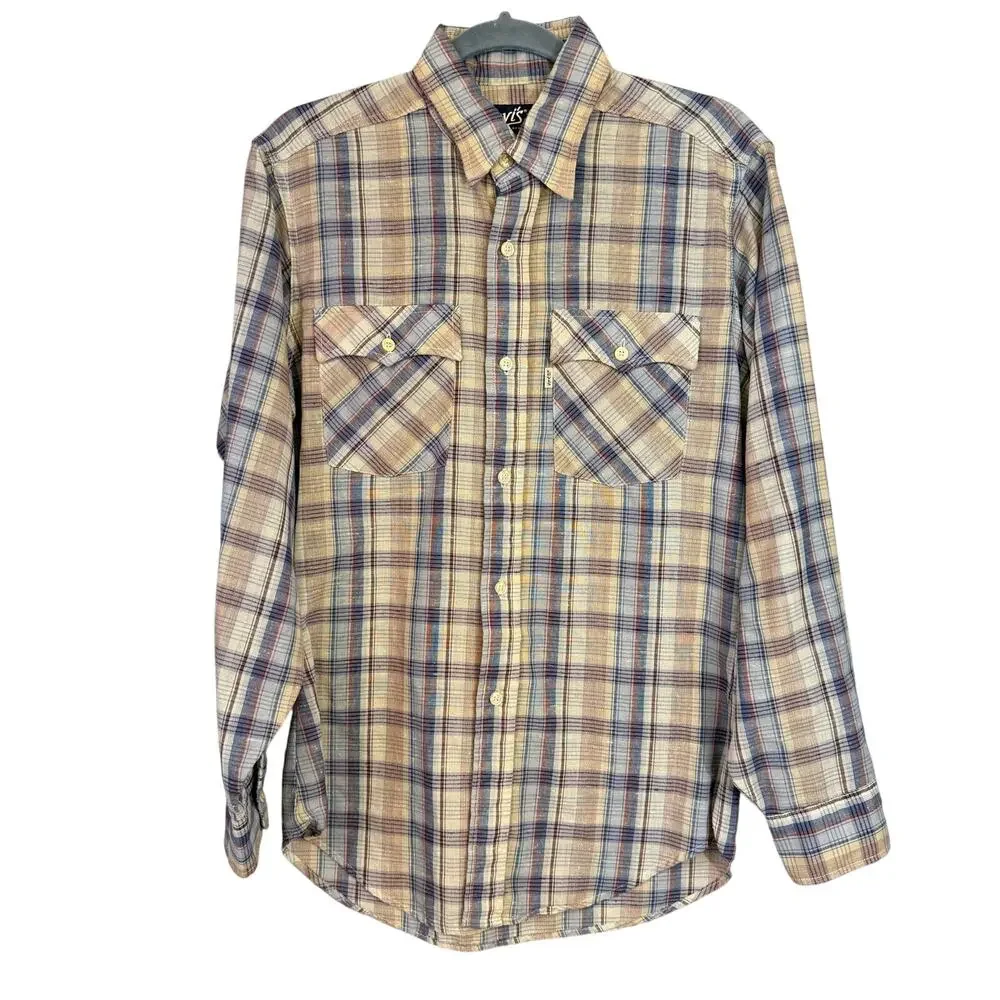 Levi's Plaid Button Up Long Sleeve Shirt 1970 Vintage Medium Cotton Western